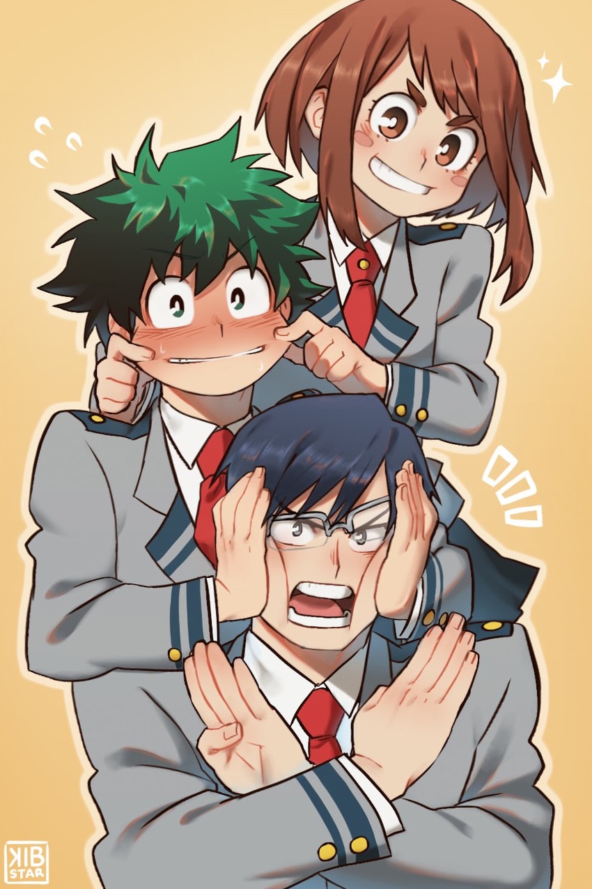 midoriya izuku, uraraka ochaco, and iida tenya (boku no hero academia) drawn by kibstar