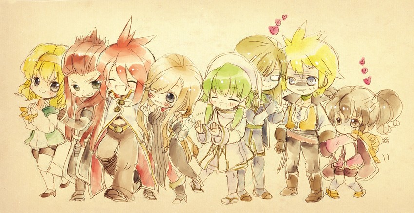 tear grants, luke fon fabre, anise tatlin, natalia luzu kimlasca lanvaldear, jade curtiss, and 4 more (tales of and 1 more) drawn by yugupo