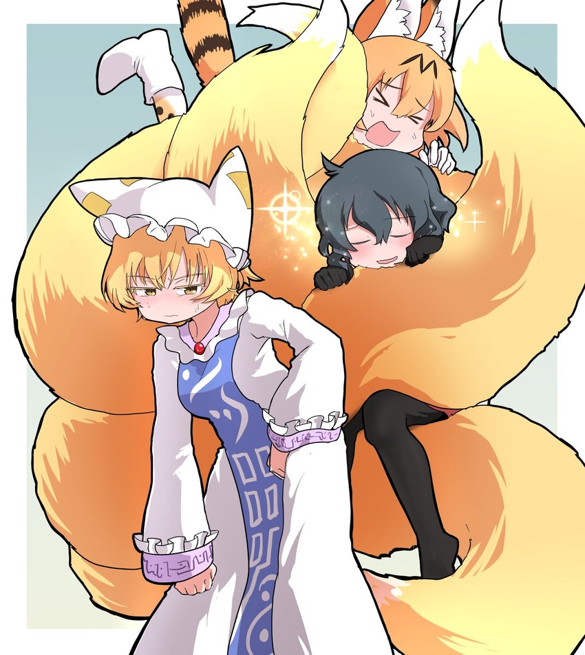 yakumo ran, serval, and kaban (touhou and 1 more) drawn by baka-man