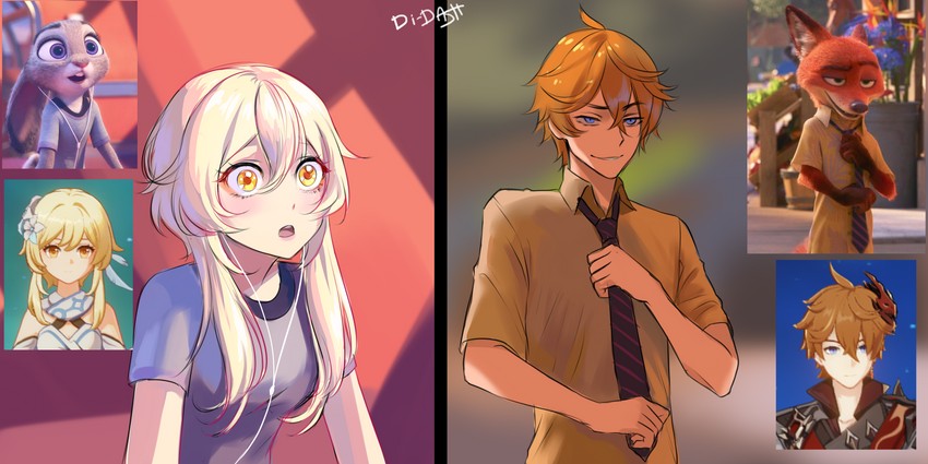 lumine and tartaglia (genshin impact and 1 more) drawn by vihoreva-dasha