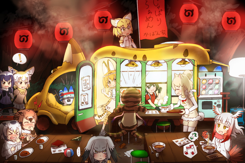 serval, kaban, common raccoon, fennec, shoebill, and 7 more (kemono friends) drawn by kamamau