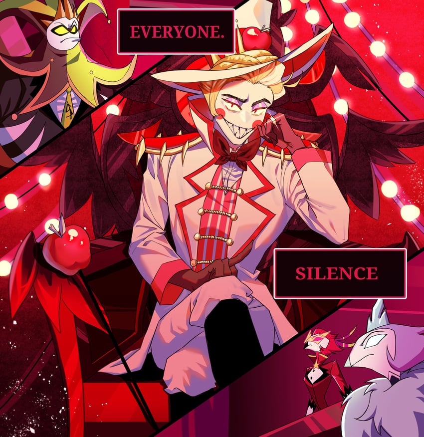 lucifer morningstar, vassago, andrealphus, and mammon (hazbin hotel and 1 more) drawn by humpback_1219