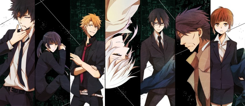 tsunemori akane, kougami shin'ya, kunizuka yayoi, ginoza nobuchika, makishima shougo, and 2 more (psycho-pass) drawn by supika_(piyuki0911)