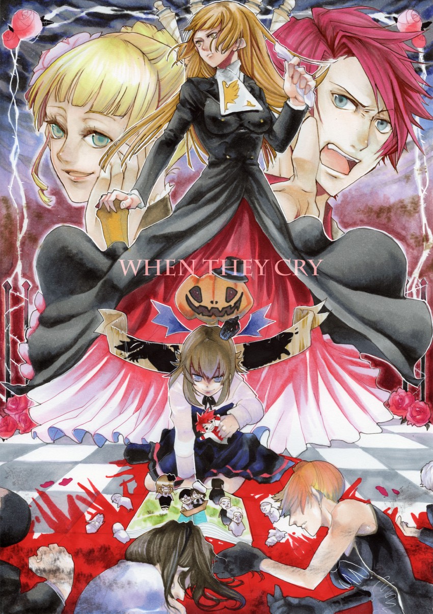 beatrice, ushiromiya battler, ushiromiya maria, ushiromiya natsuhi, ushiromiya rosa, and 1 more (umineko no naku koro ni) drawn by noppo