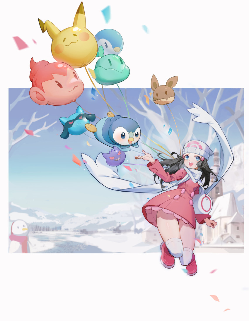 pikachu, dawn, eevee, piplup, gengar, and 3 more (pokemon and 2 more) drawn by dezhouyou_touguigui