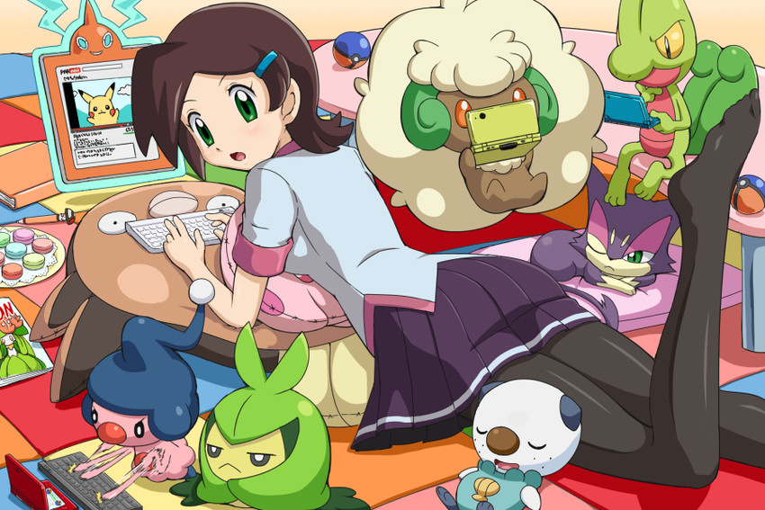 pikachu, rotom, oshawott, treecko, whimsicott, and 8 more (pokemon and 1 more) drawn by pokemoa