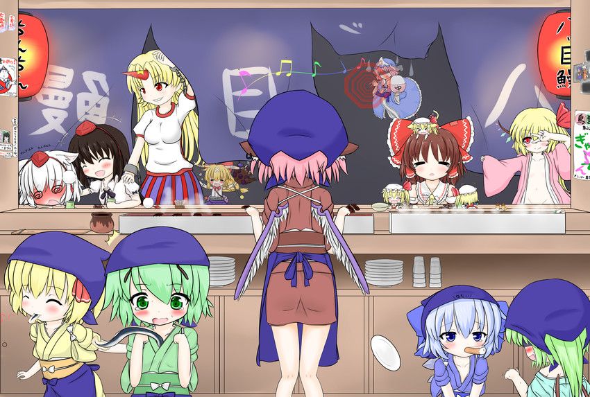 hakurei reimu, flandre scarlet, cirno, shameimaru aya, fujiwara no mokou, and 14 more (touhou and 1 more) drawn by mofu_mofu