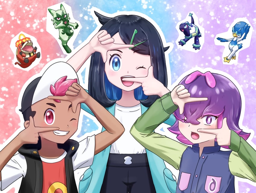 liko, dot, roy, floragato, terapagos, and 2 more (pokemon and 1 more) drawn by tafin_(hdea2345)