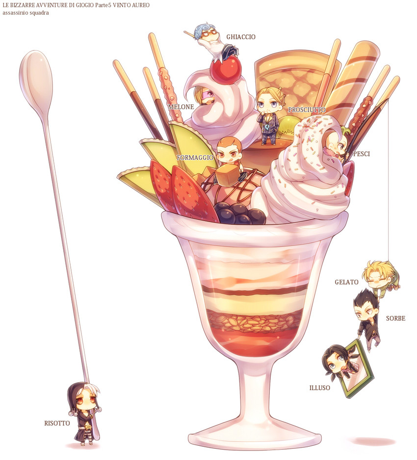 prosciutto, risotto nero, melone, ghiaccio, illuso, and 4 more (jojo no kimyou na bouken and 1 more) drawn by mika_(1020mk)