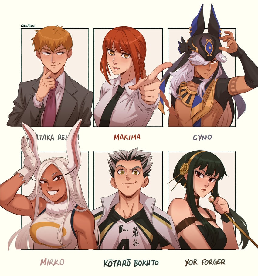 yor briar, makima, mirko, cyno, reigen arataka, and 1 more (genshin impact and 5 more) drawn by chalseu