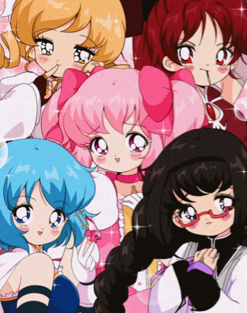 akemi homura, kaname madoka, miki sayaka, sakura kyoko, and tomoe mami (mahou shoujo madoka magica) drawn by honeymoonpetal