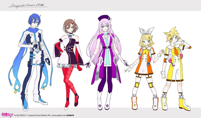 kagamine rin, kagamine len, megurine luka, kaito, meiko, and 5 more (vocaloid and 1 more) drawn by noco_(adamas)