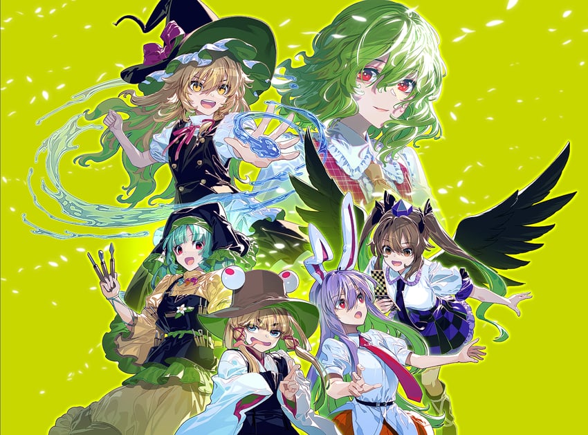kirisame marisa, reisen udongein inaba, moriya suwako, kazami yuuka, himekaidou hatate, and 1 more (touhou) drawn by zounose