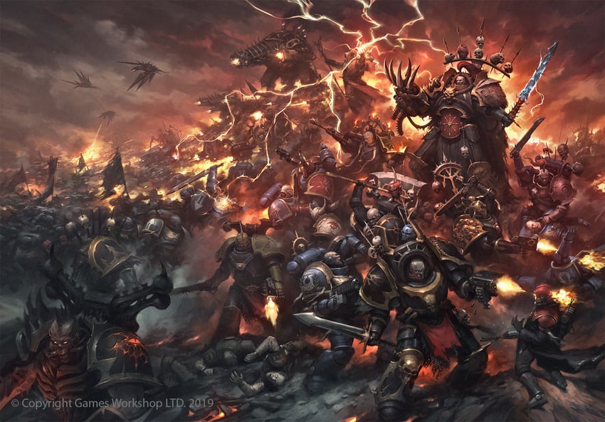 adeptus astartes, chaos space marine, adeptus mechanicus, skitarii, and abbadon the despoiler (warhammer 40k) drawn by dabanaworks