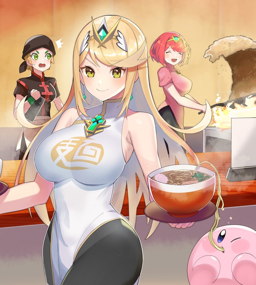 pyra, kirby, mythra, and min min (xenoblade chronicles and 4 more) drawn by katwo