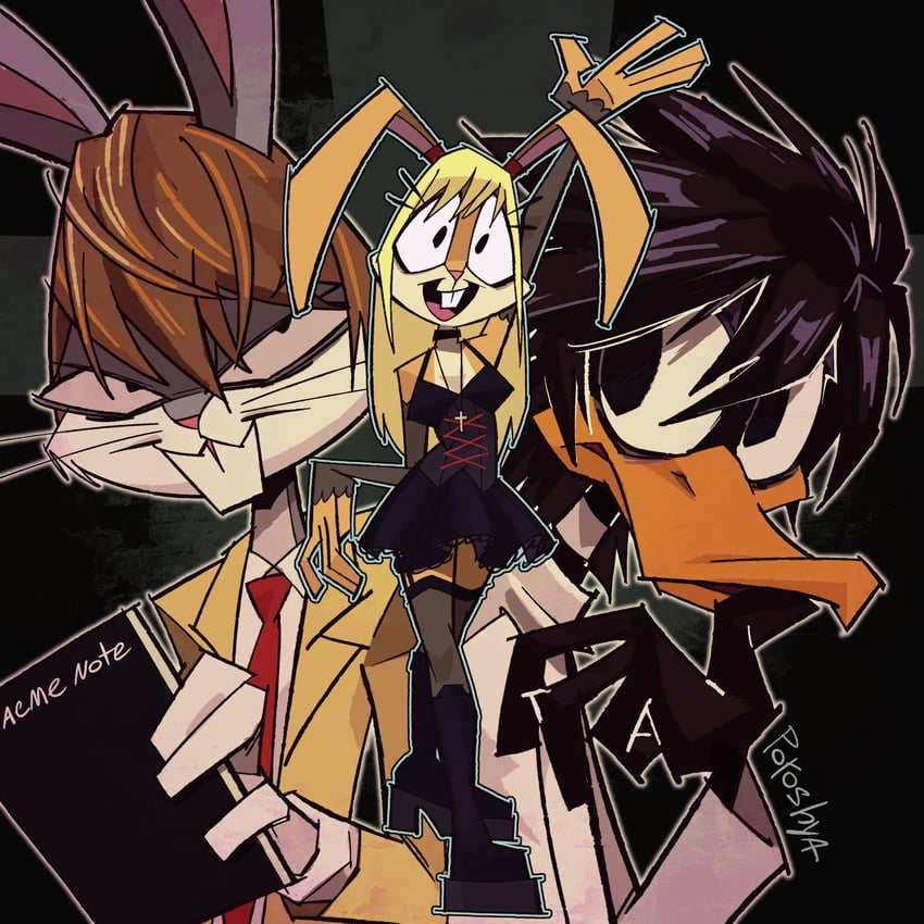 yagami light, l, amane misa, lola bunny, bugs bunny, and 1 more (death note and 1 more) drawn by poroshya