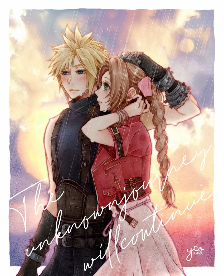 cloud strife and aerith gainsborough (final fantasy and 1 more) drawn by yco_030601