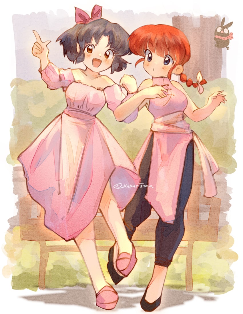 ranma-chan, tendou akane, and p-chan (ranma 1/2) drawn by ebi-noodle-doodles