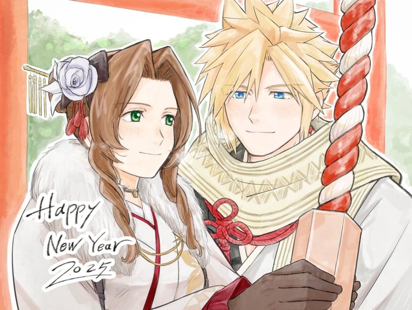 cloud strife and aerith gainsborough (final fantasy and 2 more) drawn by ameiro0814