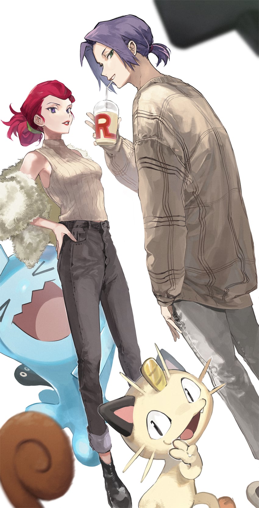 jessie, james, meowth, and wobbuffet (pokemon) drawn by guru_(nicocco)