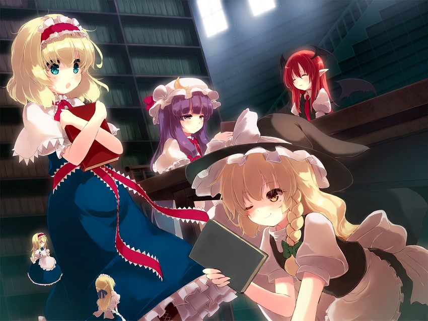 kirisame marisa, alice margatroid, patchouli knowledge, koakuma, and shanghai doll (touhou) drawn by gengetsu_chihiro