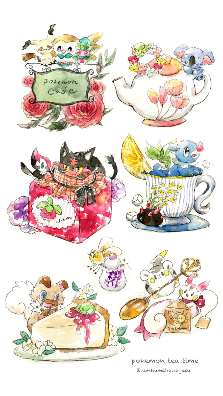 rowlet, mimikyu, popplio, litten, pachirisu, and 9 more (pokemon) drawn by non_(kumakawayusu)