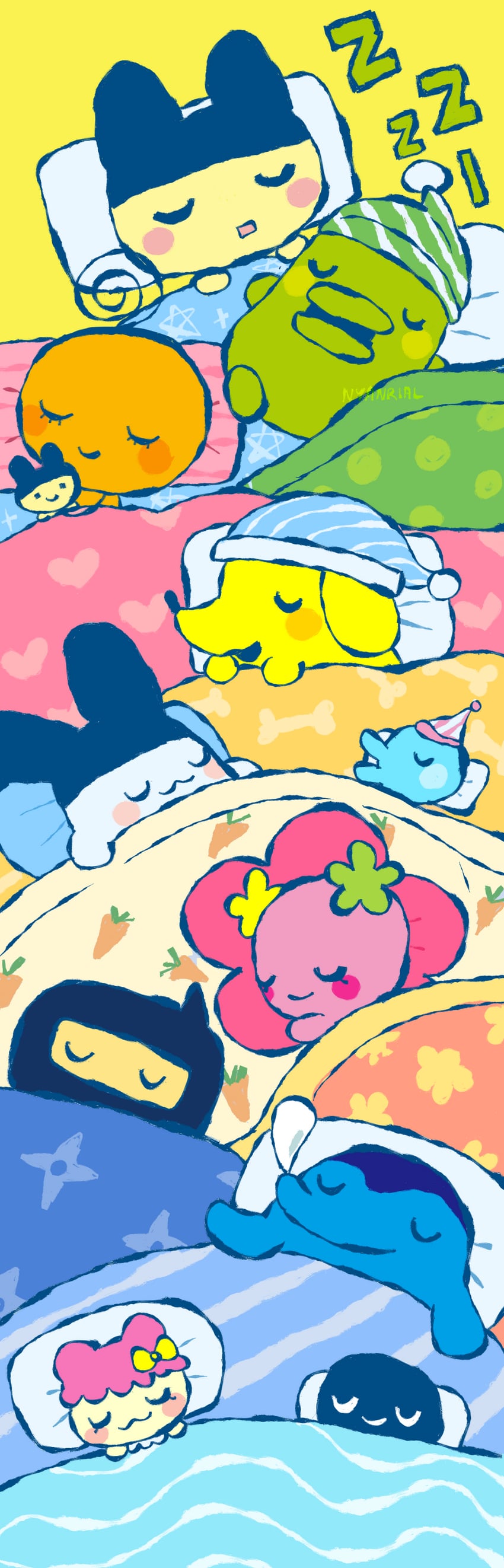 mametchi, kuchipatchi, mimitchi, memetchi, flowertchi, and 6 more (tamagotchi and 1 more) drawn by nyanrial