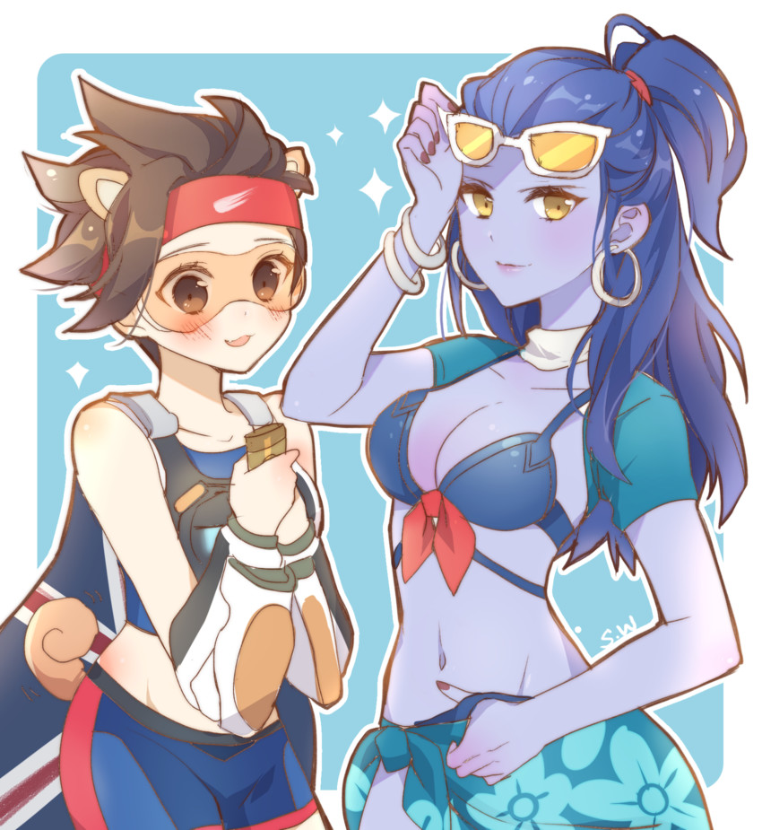 tracer, widowmaker, cote d'azur widowmaker, and track and field tracer (overwatch and 1 more) drawn by kaoruru_(sakuno2911)