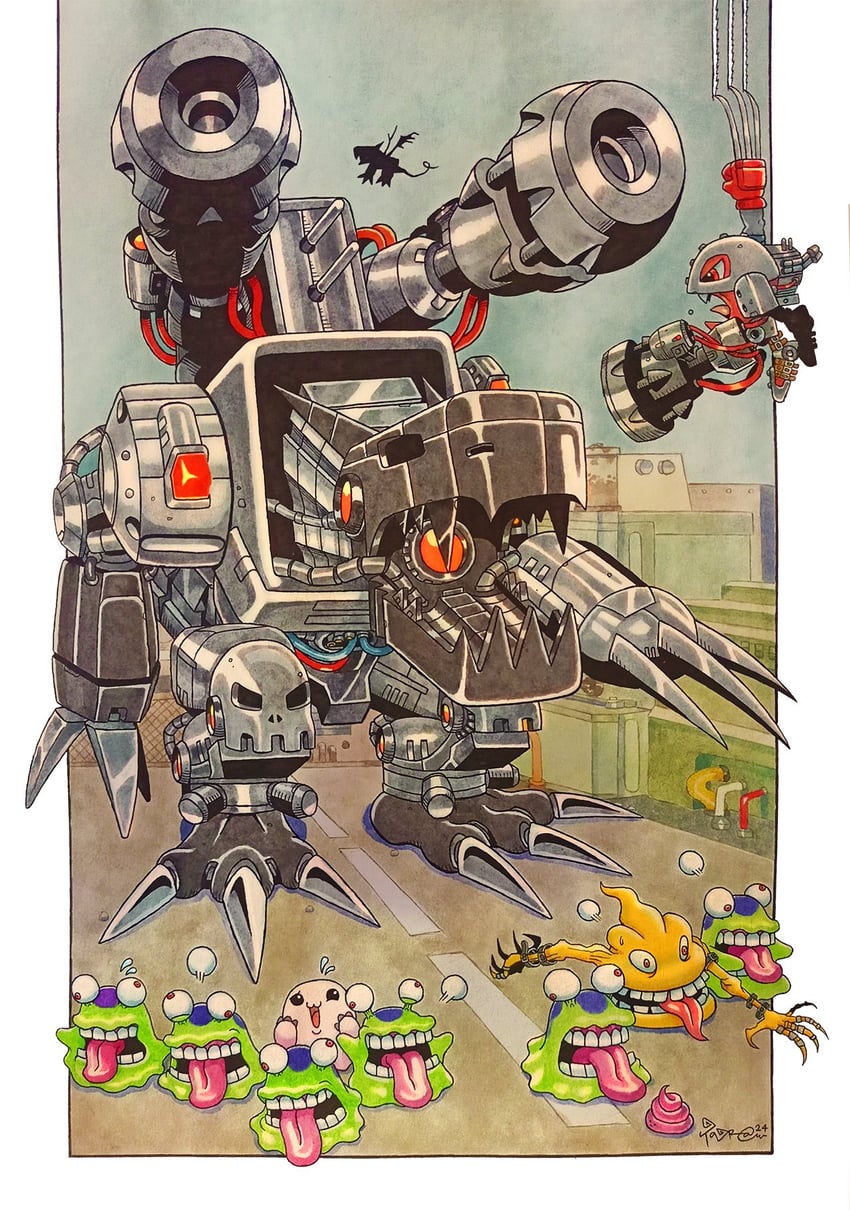 mugendramon, mochimon, numemon, megadramon, scumon, and 1 more (digimon) drawn by taragraphika