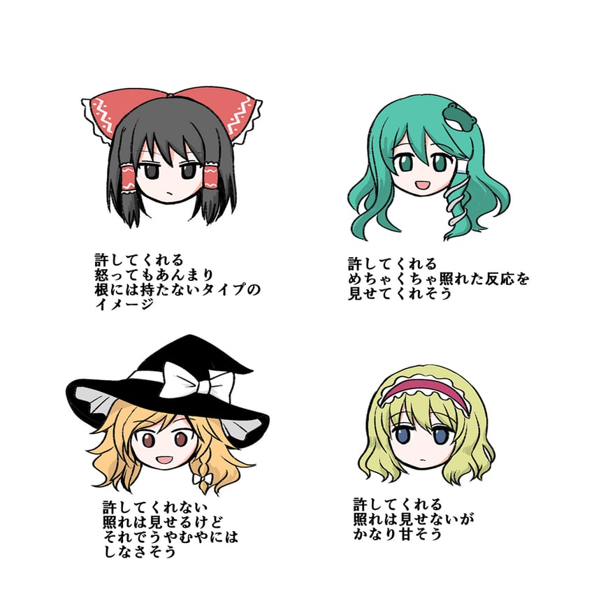 hakurei reimu, kirisame marisa, kochiya sanae, and alice margatroid (touhou) drawn by kiritani_(marginal)