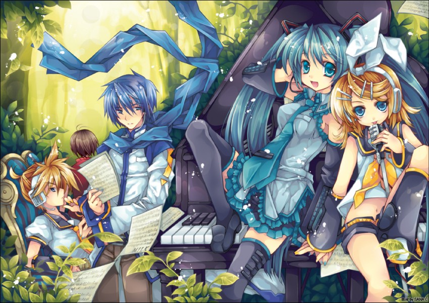 hatsune miku, kagamine rin, kagamine len, kaito, and meiko (vocaloid) drawn by sana.c