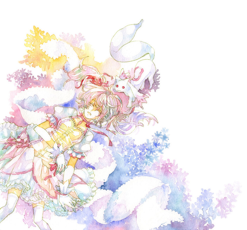 kaname madoka and kyubey (mahou shoujo madoka magica) drawn by kuraaaa