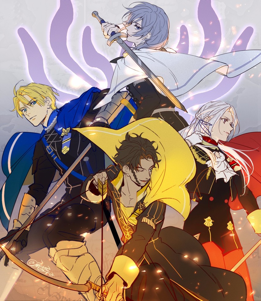 edelgard von hresvelg, dimitri alexandre blaiddyd, claude von riegan, and yuri leclerc (fire emblem and 1 more) drawn by tang_xinzi