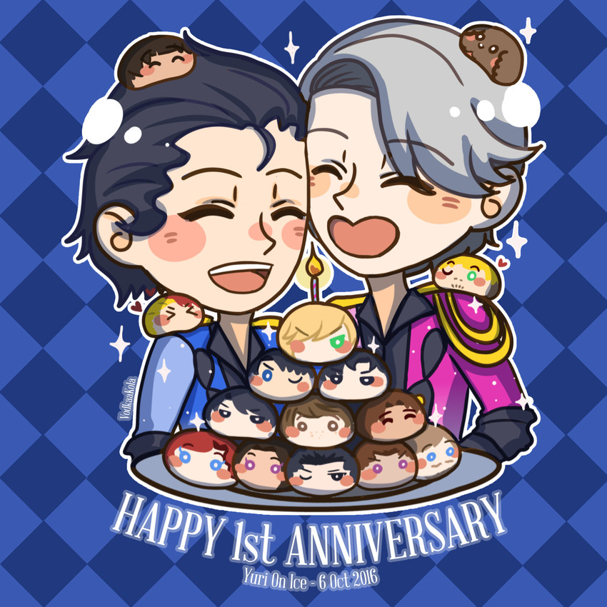 katsuki yuuri, viktor nikiforov, yuri plisetsky, makkachin, phichit chulanont, and 12 more (yuri!!! on ice) drawn by vodkaakola