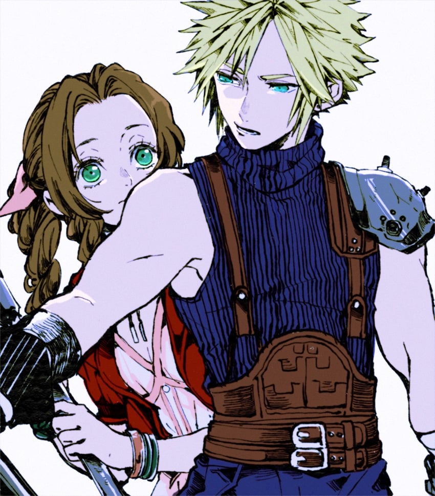 cloud strife and aerith gainsborough (final fantasy and 2 more) drawn by ashinamaturi