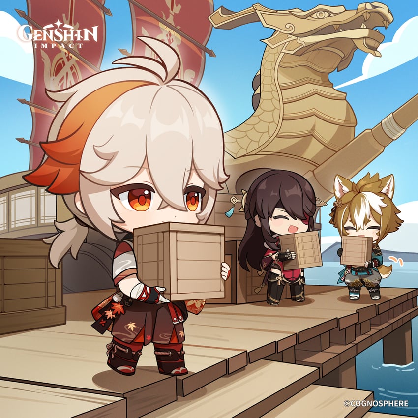 kaedehara kazuha, beidou, and gorou (genshin impact)
