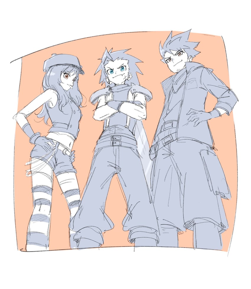 zack fair, biggs, and kyrie canaan (final fantasy and 3 more) drawn by bervens12