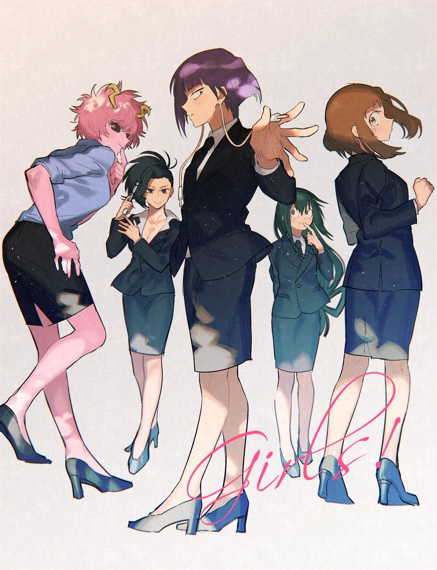 uraraka ochaco, asui tsuyu, yaoyorozu momo, ashido mina, and jiro kyoka (boku no hero academia) drawn by sennen_suisei