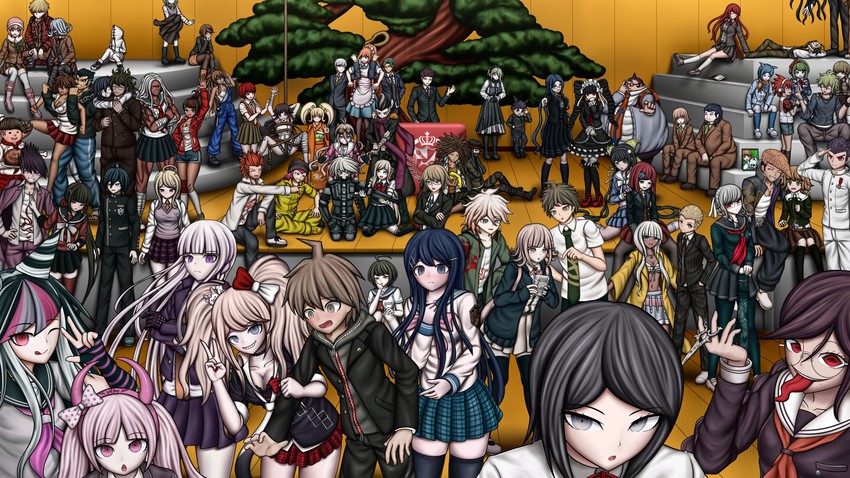 nanami chiaki, oma kokichi, saihara shuichi, komaeda nagito, hinata hajime, and 44 more (danganronpa and 6 more) drawn by ayakashi_yomogi