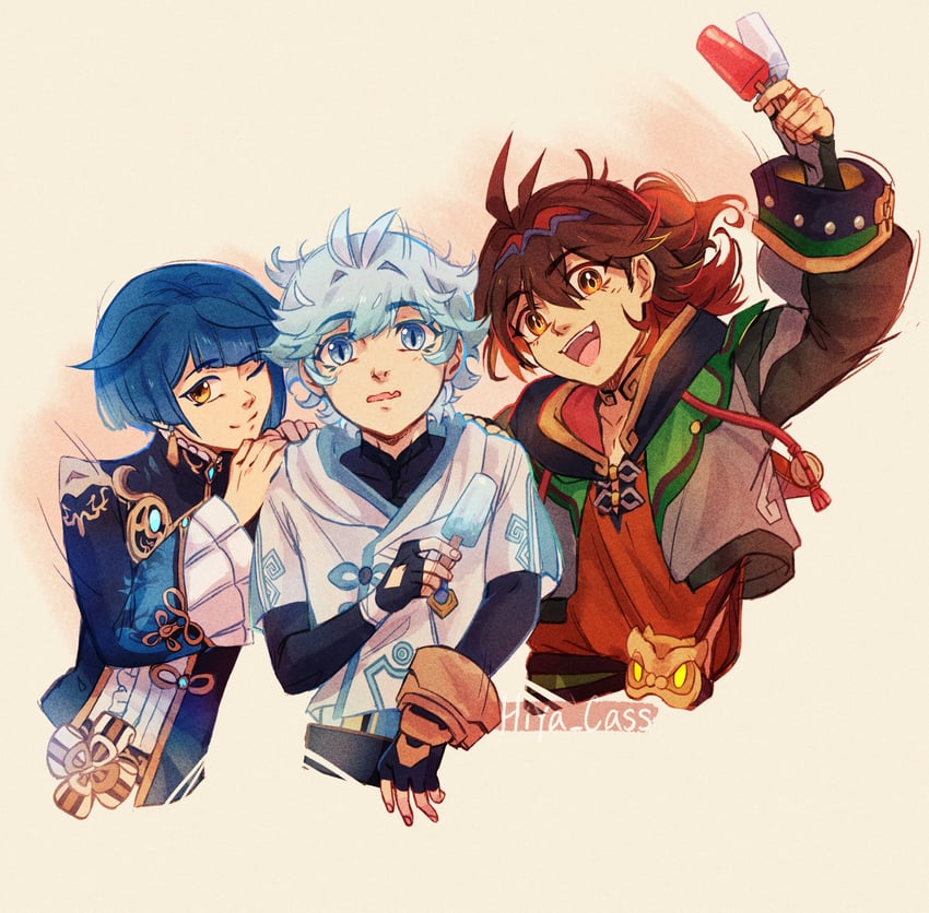 xingqiu, chongyun, and gaming (genshin impact) drawn by hiya_cass