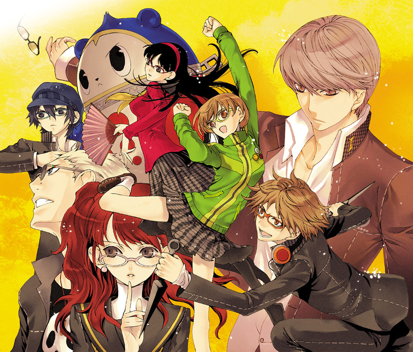 narukami yu, shirogane naoto, satonaka chie, kujikawa rise, amagi yukiko, and 3 more (persona and 1 more) drawn by p-kana