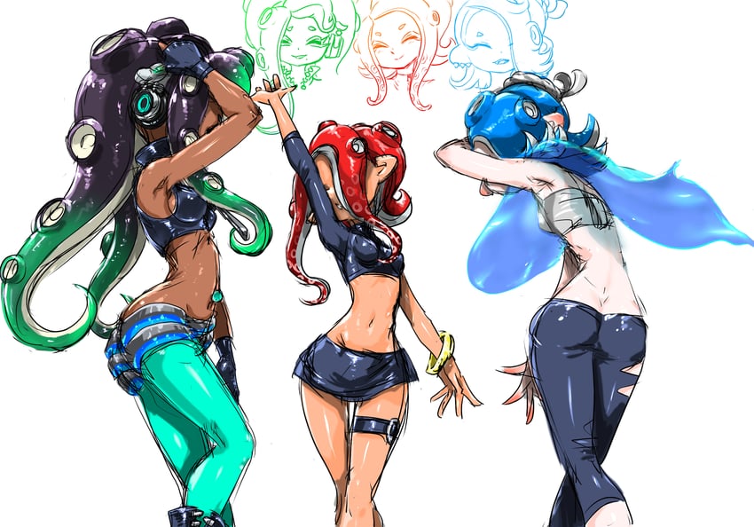 octoling player character, octoling girl, agent 8, shiver, and marina (splatoon and 3 more) drawn by koharu2.5