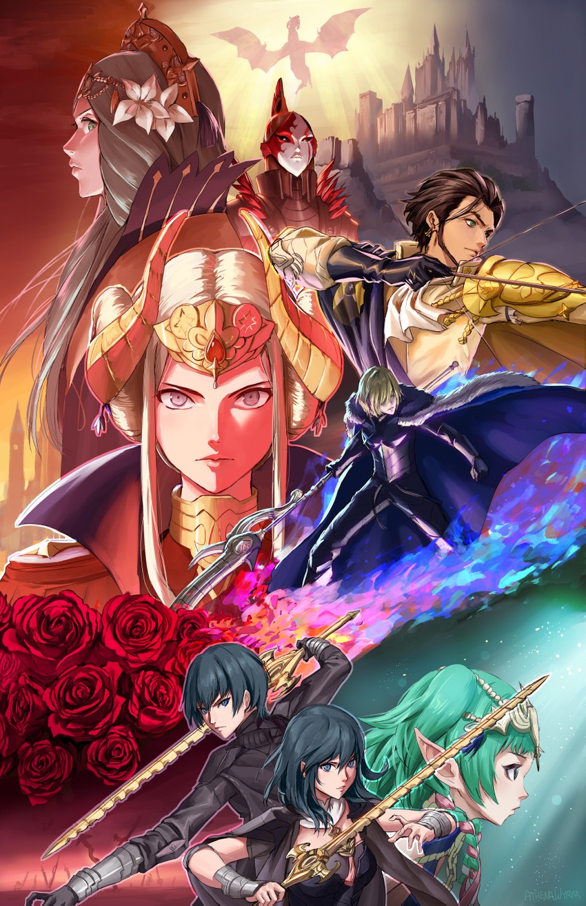 female byleth, edelgard von hresvelg, dimitri alexandre blaiddyd, male byleth, claude von riegan, and 4 more (fire emblem and 1 more) drawn by athenawyrm