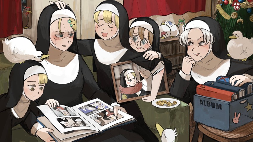 clumsy nun, spicy nun, strict nun, glasses nun, star nun, and 5 more (little nuns) drawn by diva_(hyxpk)