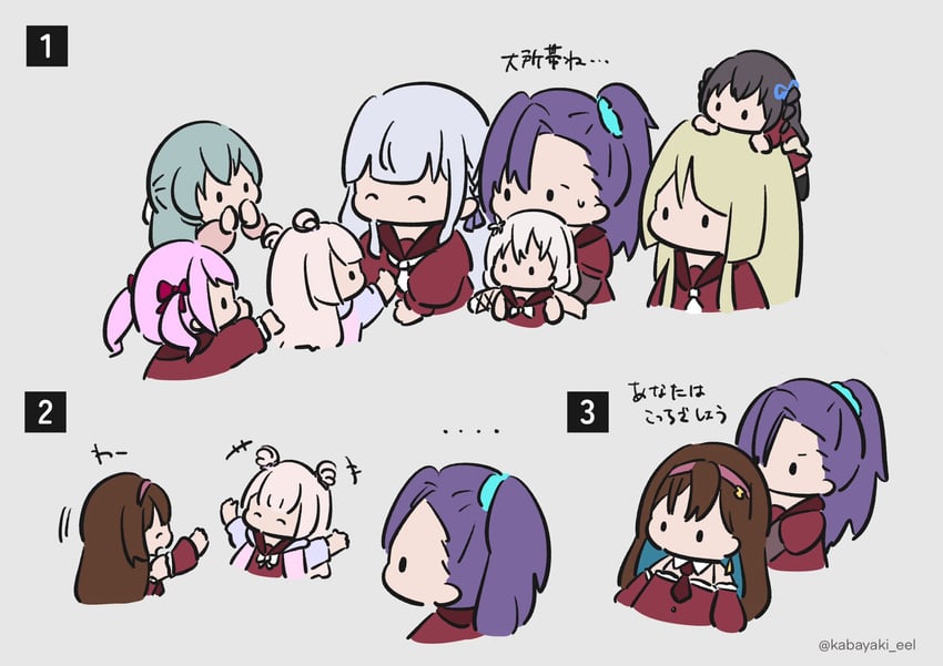 kon kanaho, miyagawa takane, sadamori himeka, toki kureha, tamba akari, and 4 more (assault lily) drawn by kabayaki_(kabayaki_eel)