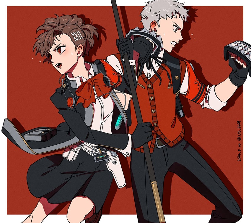 shiomi kotone and sanada akihiko (persona and 3 more) drawn by lcs_0209