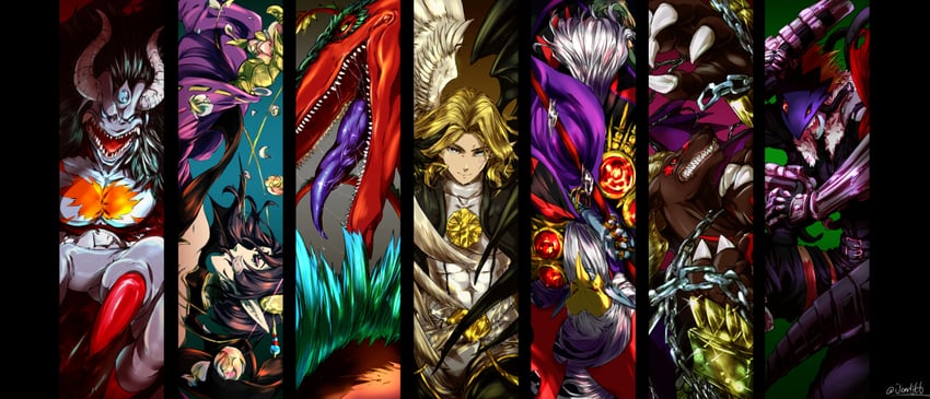 beelzebumon, lilithmon, lucemon falldown mode, belphemon, leviamon, and 3 more (digimon) drawn by oki_(a-terubz)