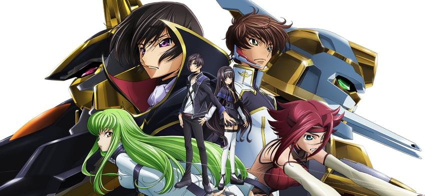 c.c., lelouch vi britannia, kouzuki kallen, kururugi suzaku, lancelot, and 4 more (code geass and 1 more)