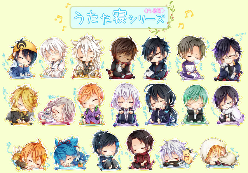 mikazuki munechika, kashuu kiyomitsu, yamato-no-kami yasusada, tsurumaru kuninaga, namazuo toushirou, and 18 more (touken ranbu) drawn by kaya_(hydego)