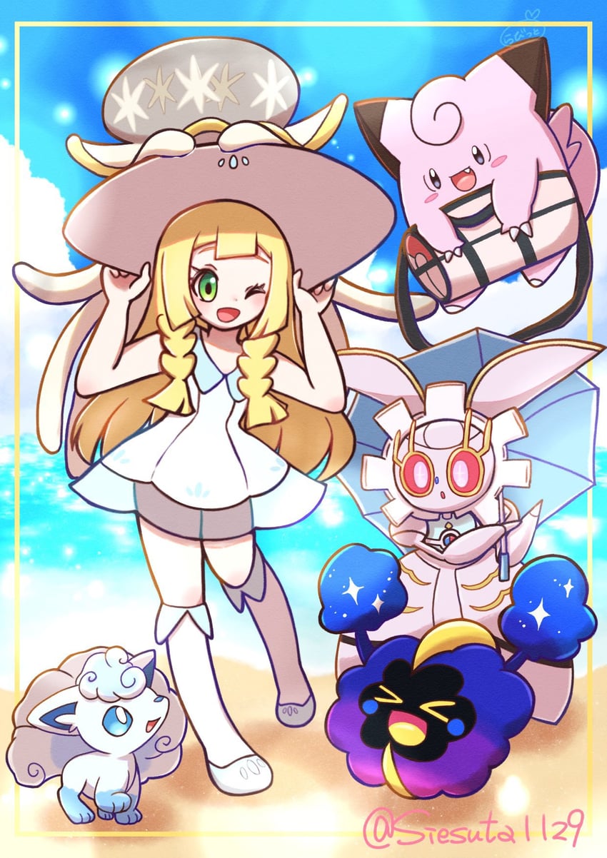 alolan vulpix, cosmog, clefairy, nihilego, magearna, and 1 more (pokemon and 2 more) drawn by gokuaku_rabbit